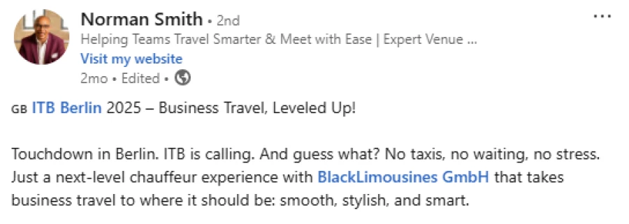 Screenshot of LinkedIn public post: ITB Berlin 2025 - Business Travel, Leveled Up! Screenshot of LinkedIn public post: ITB Berlin 2025 - Business Travel, Leveled Up!